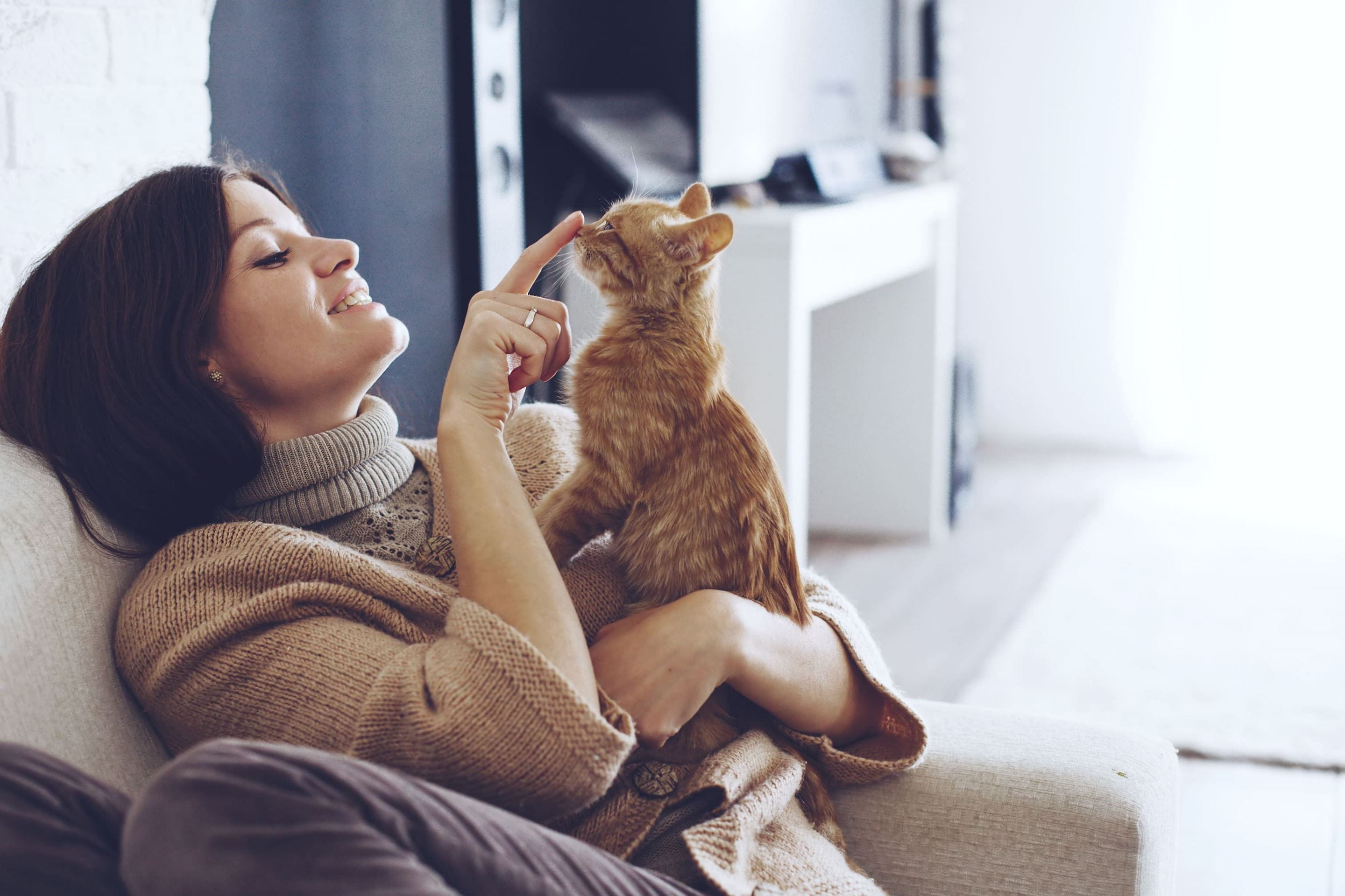 Vrouw speelt met haar kat na een verhuizing