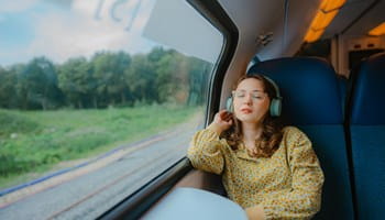 Femme qui rentre de voyage en écoutant de la musique.